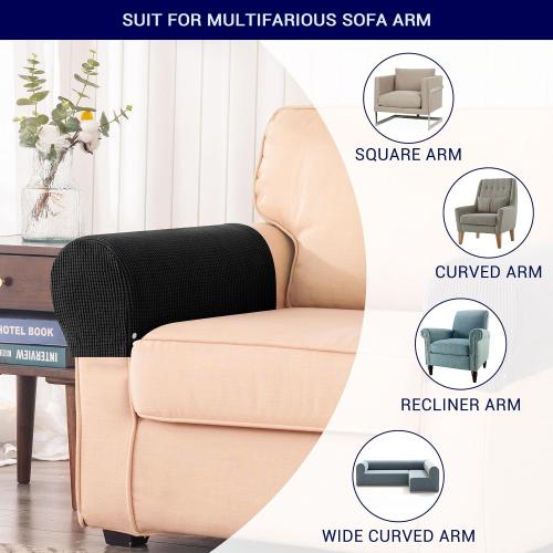 SUBRTEX Stretch Couch Arm Covers Set of 2, Checkered Sofa Arm Slipcovers, Anti-Slip Armrest Covers for Recliner and Armchairs, Pet Proof, High Stretchy, Hook & Loop Tape, Black