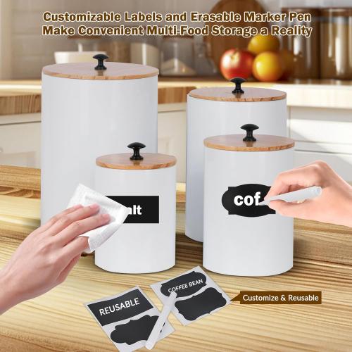 DD DEFINED DECO Kitchen Canisters for Countertop Set of 4,Textured Iron Kitchen Canisters with Airtight Lid &Labels,Marker Pen,White Iron Canister Set for Storage Containers for Coffee, Tea and Sugar