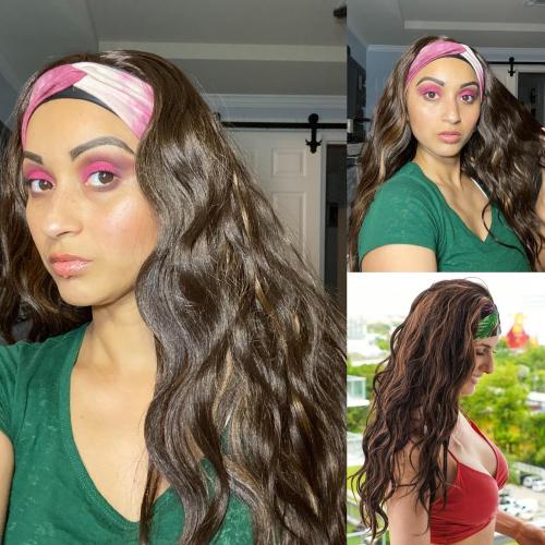 SAPPHIREWIGS Glueless Headband Wig Loose Body Wavy Synthetic Hair Wigs for Black Women Wave None Lace Front Wigs Mix Brown Color Machine Made Wigs 150% Density 26inch