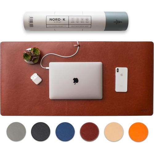 Nordik Leather Desk Mat - Whiskey Brown - Cable Organizer - Premium Mouse Mat & Desk Pad Protector - 35 X 17 Inch - Felt Vegan Leather - Large Office Mouse Pad & Blotter