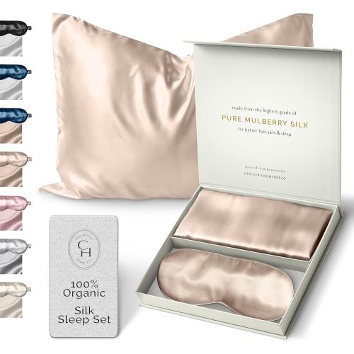 Colorado Home Co Silk Pillowcase for Hair and Skin - Nude Champagne Queen Size 100% Silk Pillow Covers - 20x30 - Pillow Case for Acne with Eye Mask for Sleeping