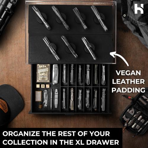 Premium Pocket Knife Display Case for 30 Knives - Large Wooden Knife Organizer, Storage & Holder with Unique Pillars, Hinged Cover, Drawer - Knife Collection Box - Handcrafted for Men