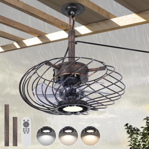 Black Gold 15 Outdoor Ceiling Fan with Light, Waterproof Gazebo Fan Remote Control, Dimmable LED Light, Hanging Black Caged Ceiling Fixtures with Plug in Cord for Patios Pergola, Black Gold