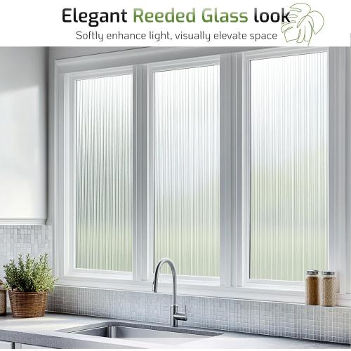 LUTE Reeded Glass Window Privacy Film, Frosted Glass Film, Removable 3D Decorative Decals Sun Blocking Anti UV Door Window Cover, No Glue Static Cling Vinyl for Bathroom Home Office, 35.4 x 118.1
