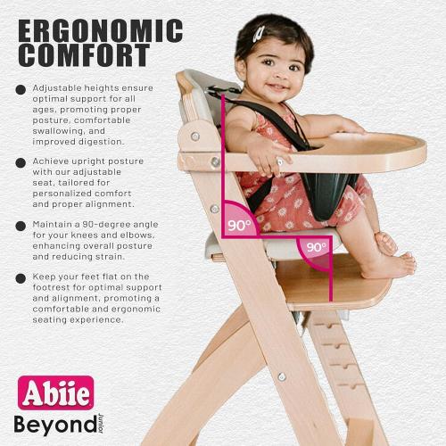 Abiie Beyond Junior Wooden High Chair for Babies and Toddlers - Convertible 3-in-1 Baby Highchair with Removable Tray - 6 Months to 250 Lb - Water Resistant - Natural Wood/Dove Grey Cushion