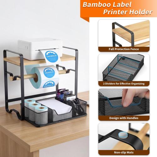 Label Holder for Thermal Printer - Sticker Roll Dispenser with Drawer - Shipping Lable Holder for Rolls and FanFold Labels - Thermal Printer Stand for Home, Office, Small Business (Bamboo-Black)