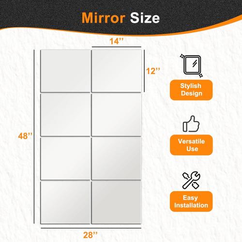 Delma Frameless Mirror Tiles 14x12x8 Pcs Wall Mounted, Shatter Resistant Full Length Tempered Glass Panels for Home Gym Bathroom Bedroom & Living Room Decor