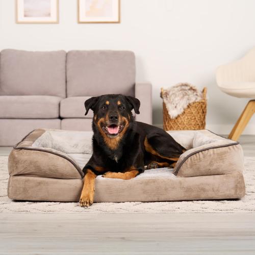 Furhaven Cooling Gel Dog Bed for Large Dogs w/ Removable Bolsters & Washable Cover, For Dogs Up to 95 lbs - Plush & Velvet Waves Perfect Comfort Sofa - Brownstone, Jumbo/XL