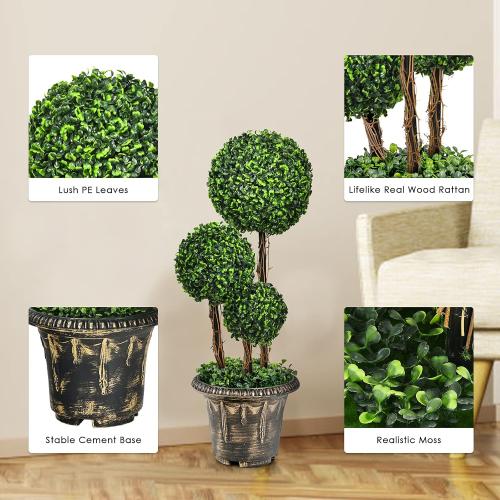 Artificial Boxwood Topiary Tree, 2.5ft Triple Ball Shaped Faux Topiary Tree w/Weighted Pot, Metal Frame, Fake Green Potted Plants Decoration for Indoor/Outdoor/Home/Office, Set of 2