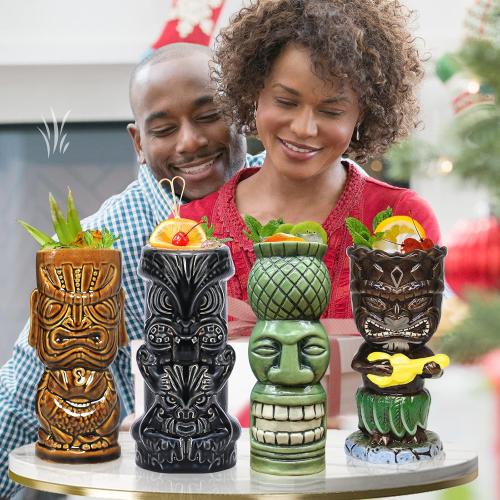 Tiki Glasses for Cocktails Mugs Set of 4 Ceramic Party Cups Bar Decor Creative Large Hawaiian Drinking Bar Decorations Vintage Tropical Drinkware Barware 4 Packs