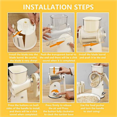 Rotary Cheese Grater with Handle: 5 in 1 Cheese Grater Hand Crank Cheese Shredder with Strong Suction Base Kitchen Vegetable Slicer with 5 Interchangeable Blades, Storage Box, White