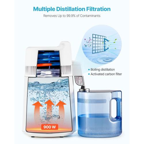VEVOR Water Distiller, 6L/1.6 Gallon Larger Distilled Machine, 900W Distilling Water Maker, 0-99H Timing Set, Time & Temp Display, 304 Stainless Steel Interior Stiller with Plastic Carafe, White