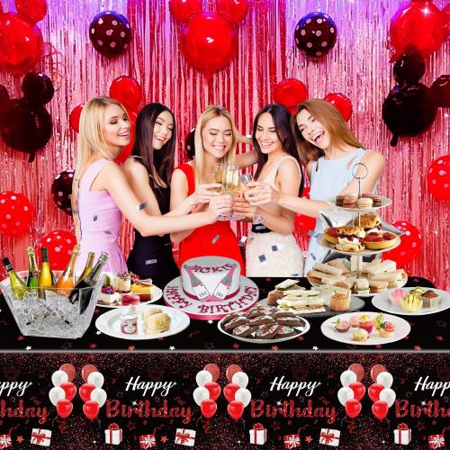 2 Pack Black Red Happy Birthday Tablecloths, 51x87'' Plastic Disposable Rectangle Birthday Party Table Covers for Women Girls Birthday Party Decorations Supplies