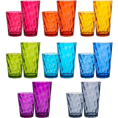 US Acrylic Optix Plastic Reusable Drinking Glasses (Set of 16) 14oz Rocks & 20oz Water Cups in Jewel Tone Colors | BPA-Free Tumblers, Made in USA | Top-Rack Dishwasher Safe