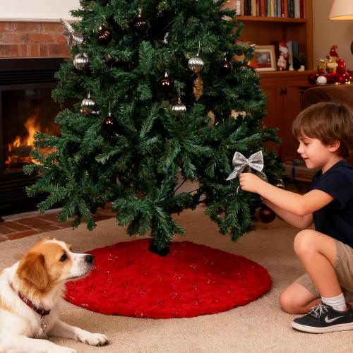 Christmas Tree Skirt Red, 36 Inch Large Soft Plush Xmas Tree Skirts, Double Layer Luxury Tree Skirt w/Silver Snowflake Sequin, Christmas Trees Decoration for Holiday Party Indoor Party Home Decor