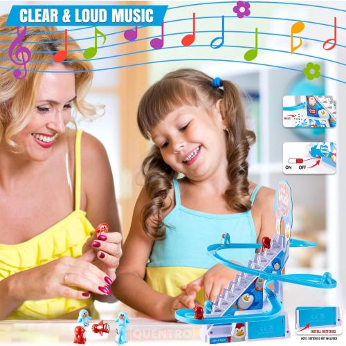 QUENTRO Penguin Slide Toy Set – Stair Climbing Roller Coaster with Sliding Tracks, 9 Racing Penguins & 3-Speed Switch – Lights, Music & Quiet Mode – Educational Playset for Kids & Toddlers