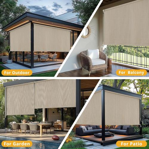 Outdoor Roller Shades，Cordless Patio Roller Up Blinds with Shade Cloth for Porch Gazebo Pergola Balcony Backyard，2 Poles & 1 Fabric，Sesame，72 Wx72 H