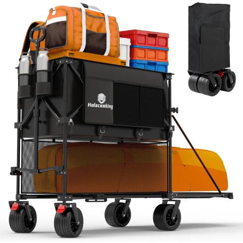 480L Double Decker Wagon, 58 L Extended Foldable Utility Cart with Tailgate, Big All-Terrain Wheels with Brakes, 520lbs Heavy Duty Collapsible Wagon for Camping Beach Sports Grocery Pets