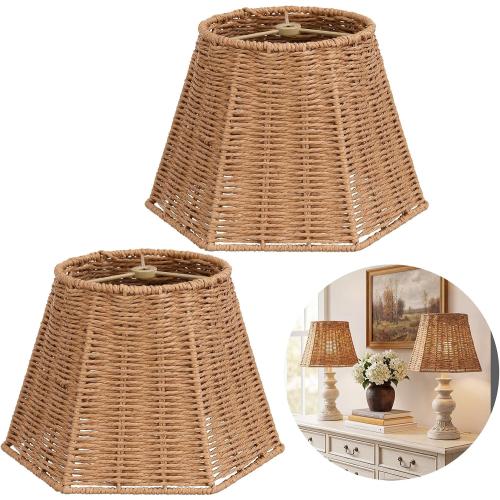 Woven Lamp Shades Set of 2, 6 x 10 x 8 Small Boho Lampshade Bell Shape Replacement Lampshade with Spider Fitter for Table Lamp Bedside Farmhouse Rustic (Paper Rope)