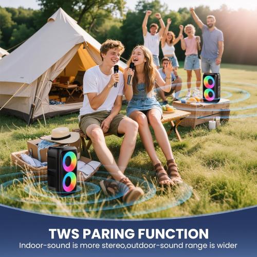 Bluetooth Speaker with 2 Wireless Microphones - Big Party Speaker for Adults Kids Karaoke with Lights - Portable Rechargeable Floorstanding Speakers Support TWS/AUX/USB/TF Card for Home Party Gift