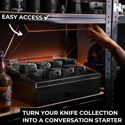 Premium Pocket Knife Display Case for 30 Knives - Large Wooden Knife Organizer, Storage & Holder with Unique Pillars, Hinged Cover, Drawer - Knife Collection Box - Handcrafted for Men