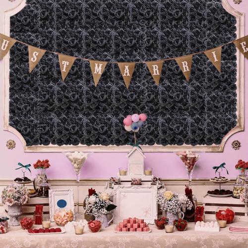 Black Silk Rose Flower Panels Wall, 12 Pcs Artificial Flowers Decoration for Welcome Table, Party, Anniversary, Church Wall, Stage Background, 25x25cm