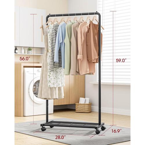 Clothes Rack - Clothing Rack with Storage Mesh Shelf & Casters, Heavy-Duty Metal Clothing Rack for Hanging Clothes, Dresses, Coats, Large Load Capacity, Easy Assembly, Black, 28.0x16.9x59.0