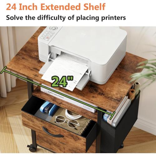 GYIIYUO 2 Drawer File Cabinet with 24'' Extended Desktop, Mobile Filing Cabinet, Rolling File Cabinet with Side Bag, Fabric Drawer, Fits A4/Letter Size, Printer Stand Home Office, Light Brown