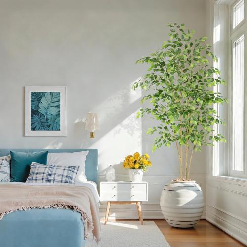 Nafresh Tall UV Resistant Ficus Tree Artificial Realistic Texture Potted Faux Ficus Tree， Fake Trees Indoor Outdoor for Home Office Living Room Bedroom Foyer Porch Decor.
