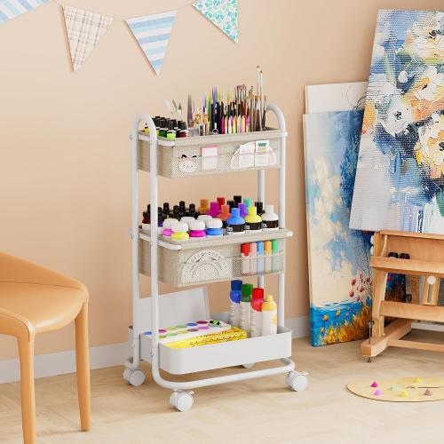 Baby Diaper Caddy Organizer Cart - 3 Tier Rolling Storage Cart with Wheels, Baby Essentials Nursery Storage, Detachable Dividers - for Crib, Bedroom, Art & Craft Organizer (Off White)