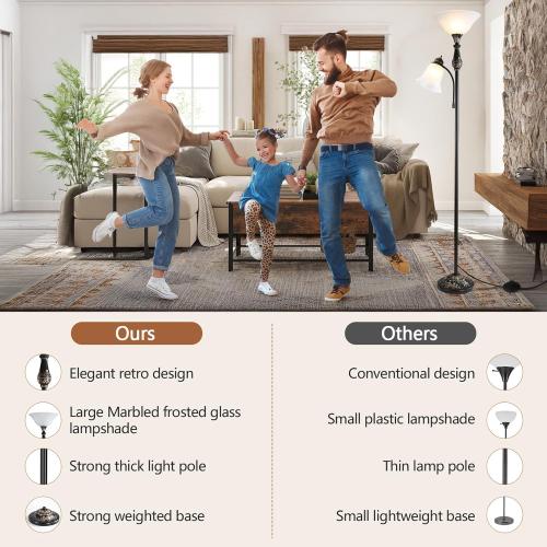 Torchiere Floor Lamps for Living Room & Bedroom, 71 Vintage Victorian Floor lamp with Reading Light, Tall Corner Standing Farmhouse Lamp for with Glass Shade Home Office Decor, Black