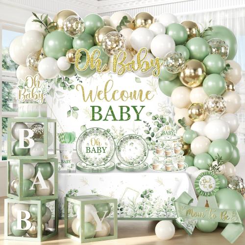 Sage Green Baby Shower Decorations Set,Serves 25 Guests