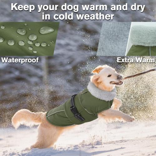 Lelepet Warm Dog Coat Reflective Fleece Vest Waterproof Dog Jacket with Adjustable Buckle Hook & Loop Windproof Cold Weather Coats for Dogs, Army Green, large