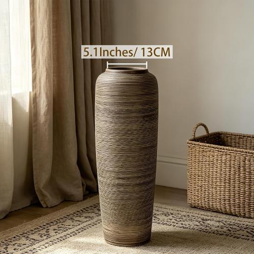 19.7 Inch Rustic Ceramic Large Floor Vase, Ribbed Textured Rustic Farmhouse Vase for Pampas Grass, Living Room & Entryway Décor, Handmade Ceramic Accent