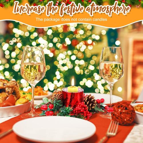 Ceenna Christmas Candle Rings Wreaths Pine Cones Garland Red Berry Poinsettia Pine Garland Candle Ring Holder for Christmas Wedding Home Table Centerpiece Party