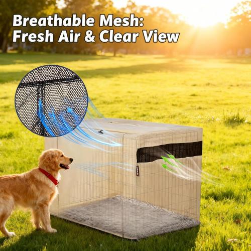 HiCaptain Dog Crate Cover 36.0 L x 23.0 W x 25.0 H with Breathable Mesh, Durable Heavy Duty Kennel Cover, Dual Zippered Panels, Windproof Waterproof UV-Resistant(Beige)