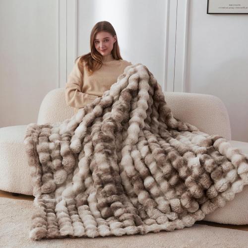 COOVA Faux Fur Throw Blanket for Couch, Cozy Soft and Fuzzy Plush Rabbit Fur Bubble Blanket for Sofa Bedroom Living Room, 50x60 Inches Tie Dye Brown