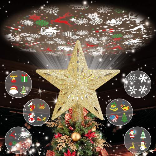 Christmas Tree Topper Lighted with 6 Projected Patterns, Christmas Star Tree Topper Built-in LED Rotating Lights, 3D Glitter Projector for Party Holiday Xmas Decorations Gifts (Gold)