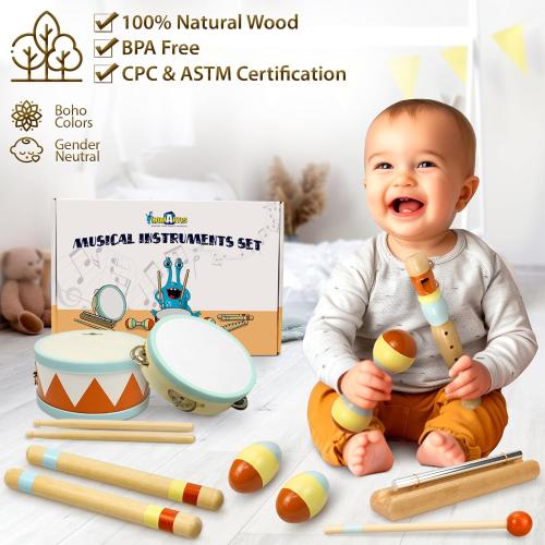 MINIARTIS Toddler Musical Instruments - Montessori Wooden Musical Toys for Toddlers 1-3 | Modern Boho Baby Drum Set with Neutral Colors Percussion Instruments | Kids Preschool Educational