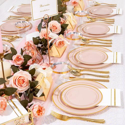 GATHER 350pcs Pink Plastic Plates - Disposable Plastic Dinnerware Set Include 100 Pink Plates, 150 Silverware, 50 Napkins, 50 Cups for Party & Wedding