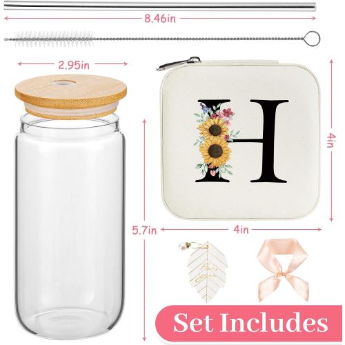 AYGXU Birthday Gifts for Women,Initial Glass Cup,Cute Tumbler Cup,bamboo lids for glass cups,Travel Jewelry Organizer,Teen Girls Gifts for Teenage Girls Birthday,Initial H white
