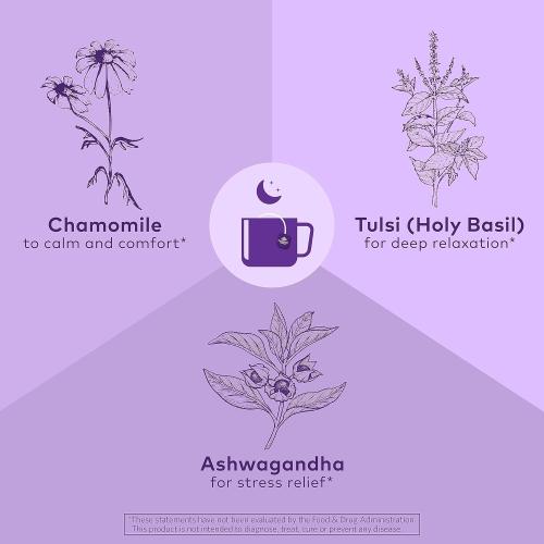 ORGANIC INDIA Tulsi Sleep Herbal Tea - Holy Basil, Ashwagandha, Chamomile, Night Time Tea for Bedtime, Stress Relieving & Relaxing, Immune Support, USDA Certified Organic - 18 Infusion Bags, 1 Pack