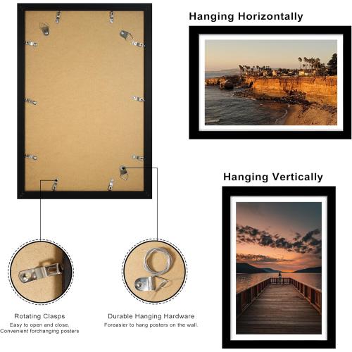 12x18 Picture Frame Set of 2, 12 x 18 Wood Poster Frames with Mat for 11x17, Wooden Photo Frames with Tempered Glass Cover for Wall Display,Black
