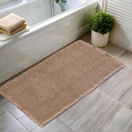 Hughapy Waffle Bath Mats, Boho Bathroom Rugs, Upgraded Waffle Design Super Absorbent, with Fringe and Back Rubber Non-Slip Carpet, Ultra Soft Machine-Washable Bathroom Mat (Brown, 18 x 30)