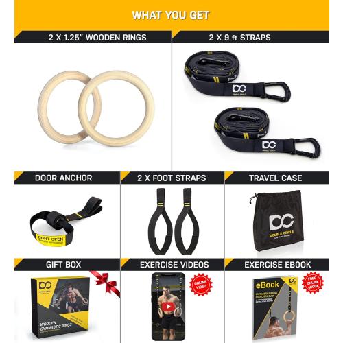 Double Circle Wood Gymnastics Rings with Quick Adjust Numbered Straps and Exercise Videos Guide - Full Body Workout Rings, Calisthenics, Home Gym (Multi-Size)