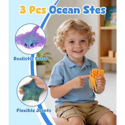 GemmiCho 3 Pack 3D Printed Animal Fidget Toys, Cute Articulated Sea Animals Set with Flexible 3D Printed Starfish, Manta Ray, Octopus, Cool 3D Printed Stuff for Gifts Home Decor Desk Pets