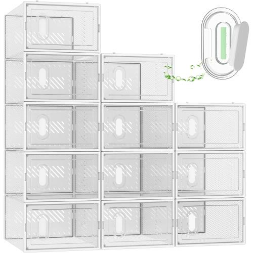 Shoe Storage, 12 Pack Shoe Organizer for Closet, Shoe Boxes Clear Plastic Stackable Shoe Containers with Lids for Size 10