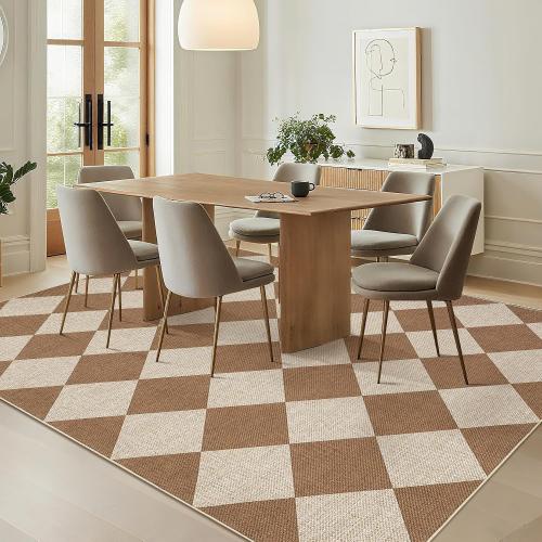 GarveeHome Checkered Easy Jute Area Rug 8x10 Machine Washable Non-Slip Stain Resistant Indoor Outdoor Rugs for Living Room, Bedroom, Kitchen, Dining, Patio Farmhouse Style Brown