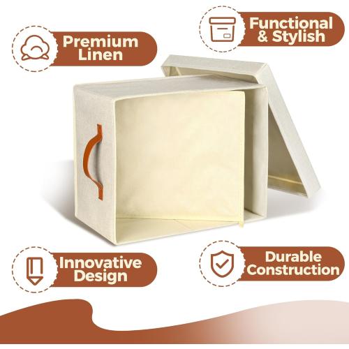 Ivory 2pack set Storage Standard 2-Pack File Organizer Box with Lid - Collapsible Hanging Linen Document Organizer Portable File Boxes, Lightweight & Portable Filing Box Crates with Handles & Extras, Ivory