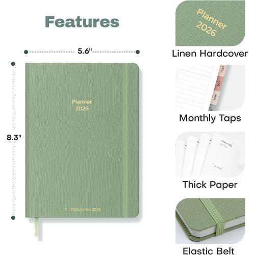 2026 Planner Weekly and Monthly, Jan.2026 - Dec.2026, Linen Hardcover Calendar 2026 Agenda Planner Daily To Do List Notebook with Monthly Tabs, 6 x 8.3, Creamy Green